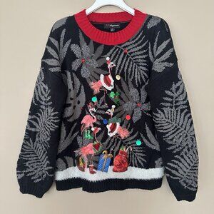 Ugly Christmas Sweater Flamingo Women L Pullover Feather Embroidered 3D Beachy